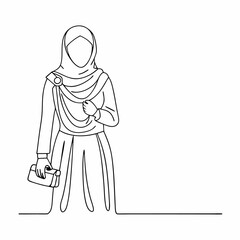 Continuous one line draw of happy beautiful middle east muslimah model on traditional islamic cloth hold camera (11)
