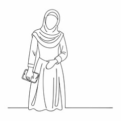 Continuous one line draw of happy beautiful middle east muslimah model on traditional islamic cloth hold camera (13)