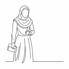 Continuous one line draw of happy beautiful middle east muslimah model on traditional islamic cloth hold camera (14)