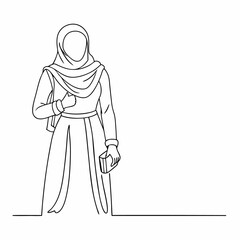 Continuous one line draw of happy beautiful middle east muslimah model on traditional islamic cloth hold camera (19)