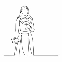 Continuous one line draw of happy beautiful middle east muslimah model on traditional islamic cloth hold camera (28)