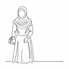 Continuous one line draw of happy beautiful middle east muslimah model on traditional islamic cloth hold camera (25)