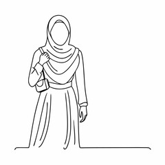 Continuous one line draw of happy beautiful middle east muslimah model on traditional islamic cloth hold camera (27)