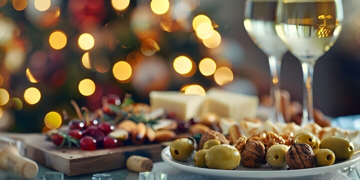 Elegant dinner scene with white wine gourmet appetizers warm lighting and bokeh. Concept Elegant Dinner, White Wine, Gourmet Appetizers, Warm Lighting, Bokeh