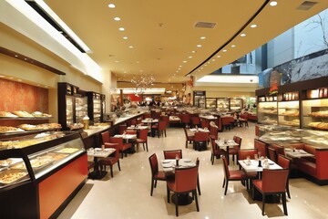 Beachside restaurant with chairs and tables on a terrace, perfect for relaxing summer vacation by the ocean