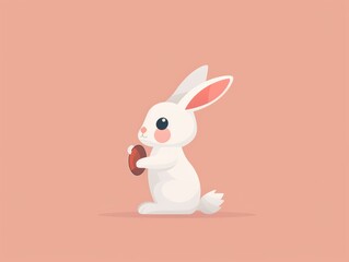 Fototapeta premium Cute cartoon white rabbit holding a carrot on a peach background. Adorable illustration for children, design, and decoration.