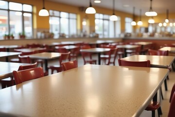 Empty wooden tables for display and chairs create a modern restaurant interior with a luxurious feel