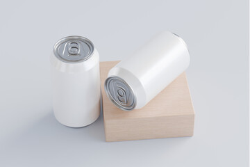 Soda can on wooden block white background isolated 3d rendering for presentation display minimalist elegant mockup and product showcase