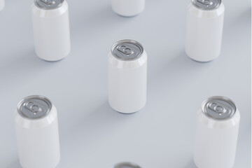 Template of tin can, drink, on white background isolated 3d rendering, cylindrical container for presentation of design and pattern. Mockup blank silver bottle soda or juice