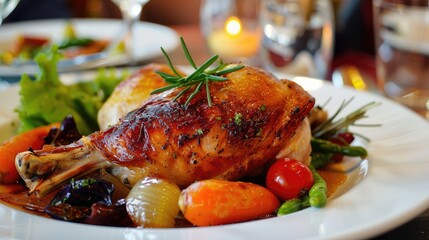 Plate containing a roasted rabbit leg with a side of vegetables in a restaurant setting with a shallow depth of field
