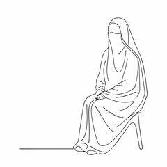Continuous one line draw of young attractive middle east muslimah wearing burqa niqab cloth sitting on chair (14)