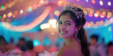 enchanting photo of a beautiful and happy and smiley at her quinceanera 