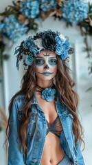 Obraz premium Woman with blue floral headpiece and Day of the Dead makeup, dressed in denim jacket, standing indoors.