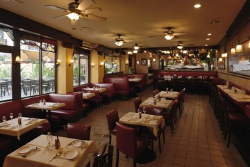 Light streams through a window in a stylishly furnished cafe with wooden tables and chairs