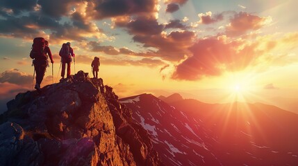 Fototapeta premium Eyecatching Silhouette of men hiking mountain peak at sunset