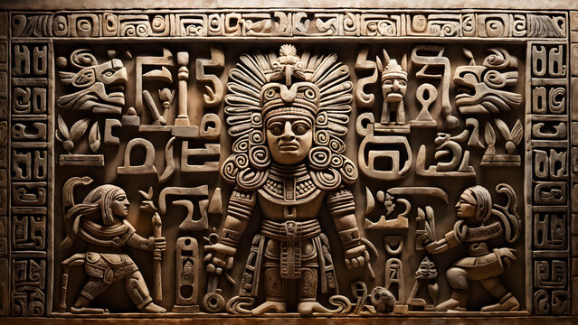 A broad collection of ceremonially organized Mesoamerican glyphs, each symbolizing a distinct idea or god