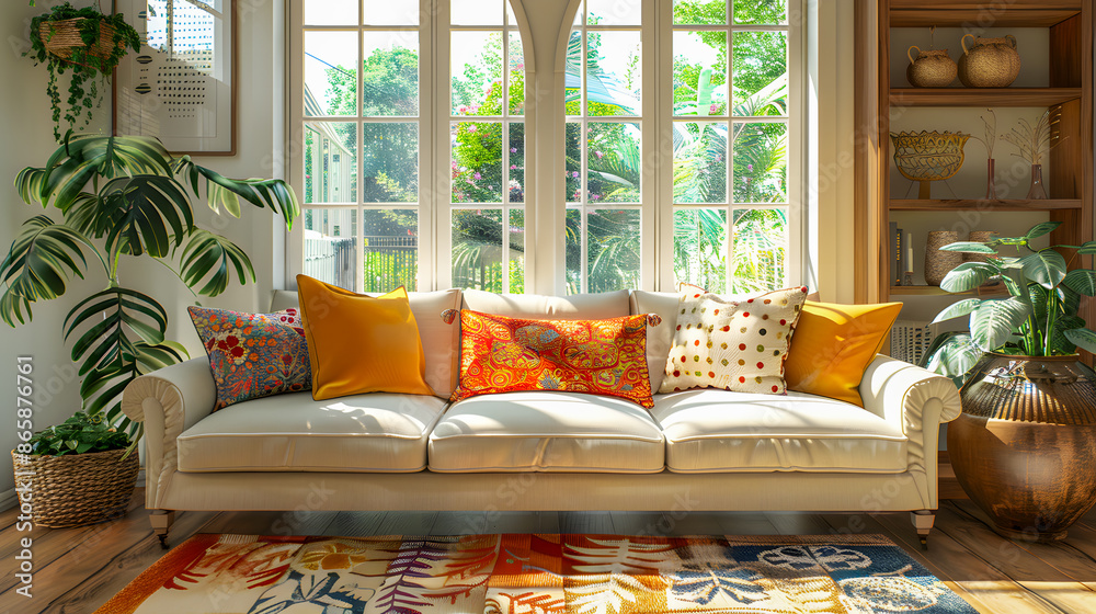 Wall mural Rustic sofa with colorful pillows against arch window