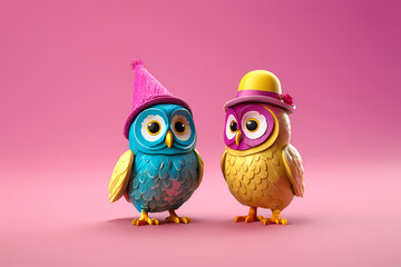 Obraz premium Owls in winter hats together on pink background