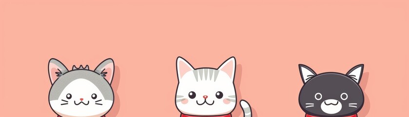 Obraz premium Cute illustration of three different cats against a peach background, perfect for decor, stationery, or web design purposes.