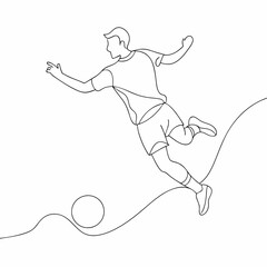 Fototapeta premium Continuous one line draw of young energetic football attacker kicking ball really hard to the goal (16)