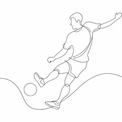 Continuous one line draw of young energetic football attacker kicking ball really hard to the goal (14)