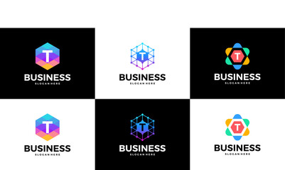 Set of abstract letter T logo design template. Geometric modern business logo collection.