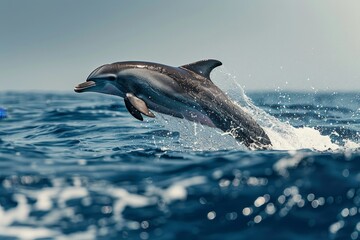 Obraz premium A playful dolphin leaps out of the ocean, its sleek body glistening in the sunlight, against a backdrop of sparkling blue waves and a cloudless sky