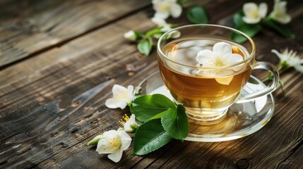 Jasmine tea on dark wooden table with flowers