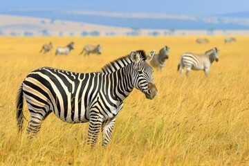 Fototapeta premium A group of zebras graze peacefully on the African savannah, their distinctive black and white stripes creating a mesmerizing pattern against the golden grass