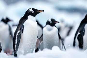 Obraz premium A group of penguins huddle together on an icy shore, their black and white feathers contrasting with the stark, frozen landscape of Antarctica