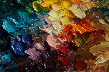 Fototapeta premium A close-up of an artist's palette filled with a variety of mixed paints, each color telling a story of the creative process and the journey of the artwork