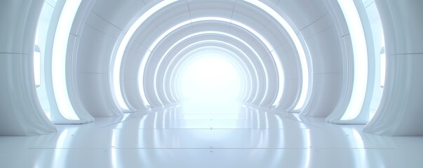 Fototapeta premium Futuristic white tunnel with arched design, glowing lights, and a sleek, reflective surface. Ideal for sci-fi, modern architecture concepts.