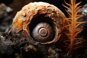 Intriguing Close-Up of Snail Egg Hatching with Baby Snail Emerging in Earthy Tones - Realistic Photography of Natural Beauty