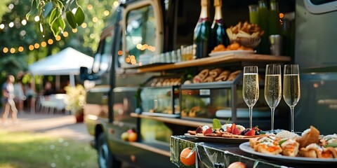 Elegant Food Truck Offering Gourmet Appetizers and Champagne for Weddings. Concept Wedding Catering, Gourmet Appetizers, Champagne Service, Elegant Food Truck