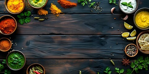Indian food spread on dark wooden background with various dishes and spices. Concept Indian Cuisine, Food Photography, Spices and Flavors, Dark Wooden Background, Culinary Delights