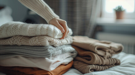Fototapeta premium woman's hand holding a pile of folded clothes, minimalist bedroom background, Ai generated Images