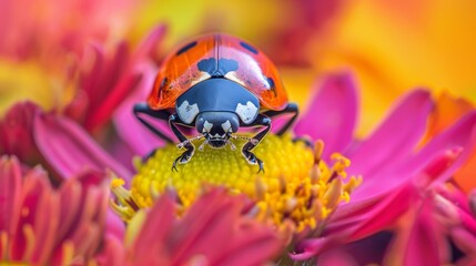 Obraz premium Macro Portrait of a Ladybug amidst Colorful Flowers