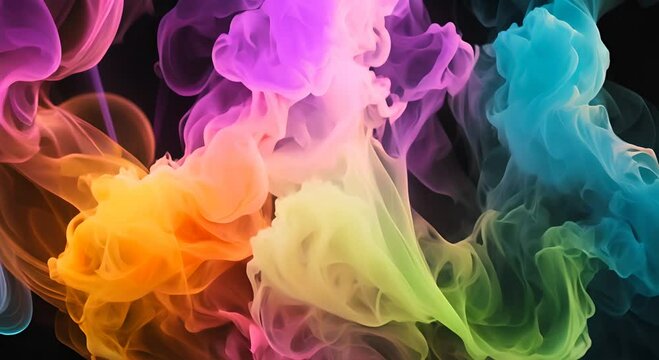 A colorful smoke trail with a rainbow of colors. The smoke is thick and billowing, creating a sense of movement and energy. The colors of the smoke are vibrant and eye-catching