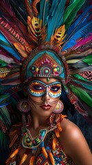 Young woman at a carnival in Brazil Beautiful Latin American woman wearing an intricate headdress made of colorful feathers 