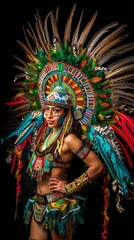 Fototapeta premium Young woman at a carnival in Brazil Beautiful Latin American woman wearing an intricate headdress made of colorful feathers 