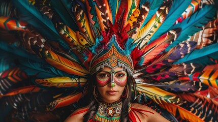 Naklejka premium Young woman at a carnival in Brazil Beautiful Latin American woman wearing an intricate headdress made of colorful feathers 