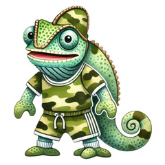 Obraz premium Adorable cartoon chameleon wearing camouflage sportswear, standing confidently and smiling 