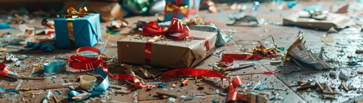 Torn wrapping paper and ribbons littering the floor after a party, dirty floor, unclean