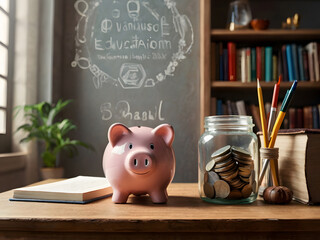A piggy bank and books that represent savings for studies