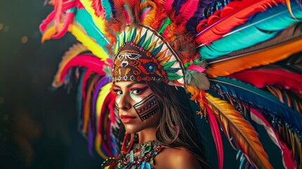 Fototapeta premium Young woman at a carnival in Brazil Beautiful Latin American woman wearing an intricate headdress made of colorful feathers 