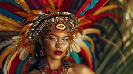 Young woman at a carnival in Brazil Beautiful Latin American woman wearing an intricate headdress made of colorful feathers 