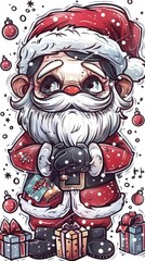 Fototapeta premium Festive Christmas Scene with Santa Claus and Gifts, Celebratory Atmosphere with Happy Children Illustration, Perfect for Book Covers and Interior Pages, AI-Generated High-Resolution Background