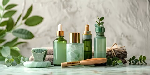 Spa background with jade roller Gua Sha massager cream and serum bottles. Concept Skincare Routine, Beauty Products, Facial Massage Tools, Spa Essentials, Self-care Treatments