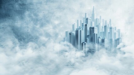 Fototapeta premium Modern city skyline emerging from the clouds, creating a futuristic and surreal urban landscape with skyscrapers and mist.