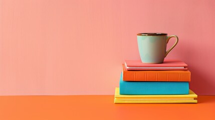Notebook stack and coffee cup on orange table against pink wall with copy space